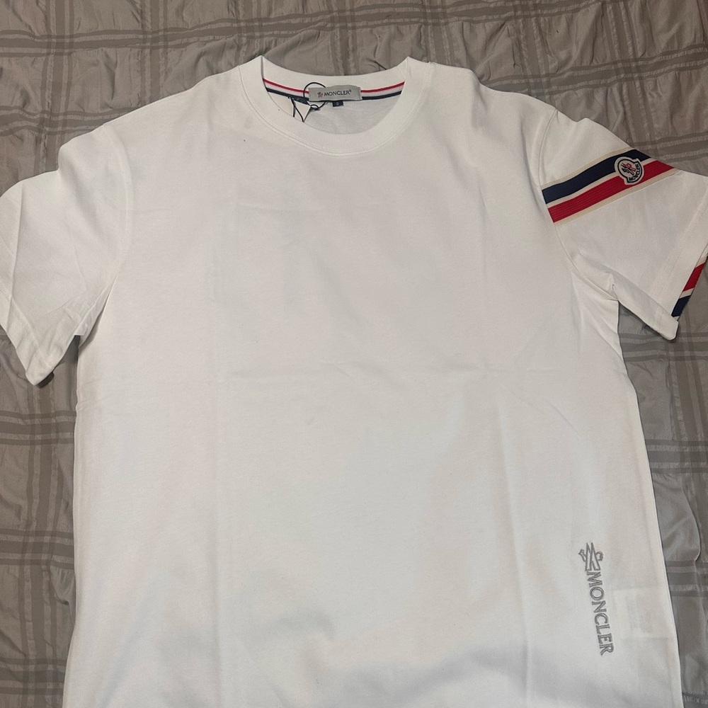 Moncler White Tee with Tricolor Sleeve Detail